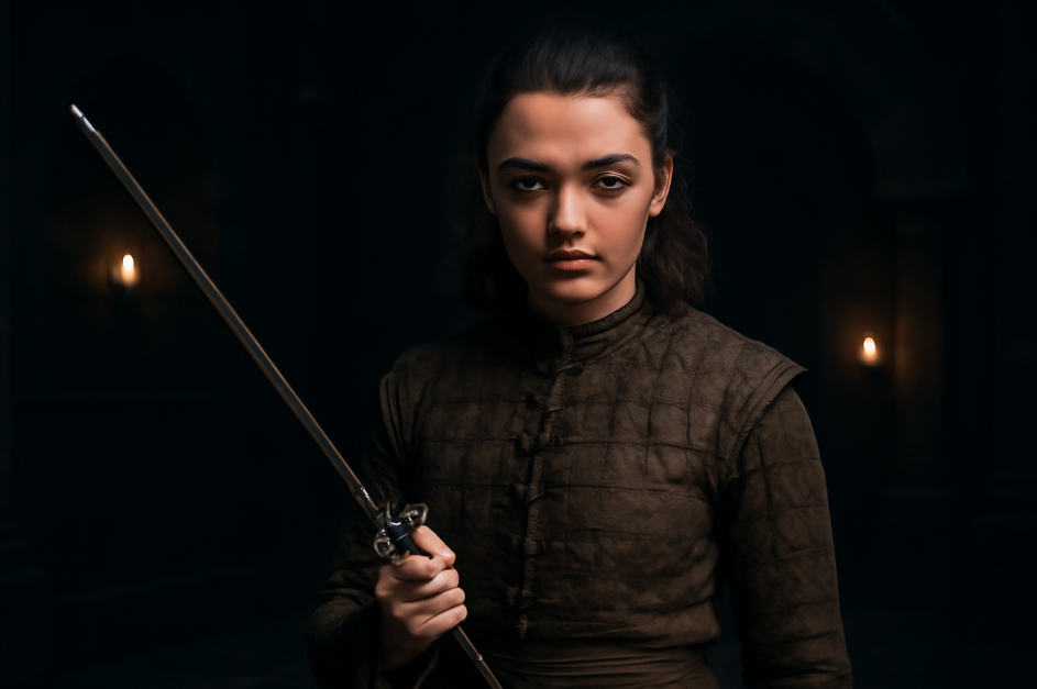 Arya Stark in her training attire, holding a sword with a fierce expression, standing in a dimly lit room surrounded by ancient stone walls, capturing her transformation into a fierce warrior.