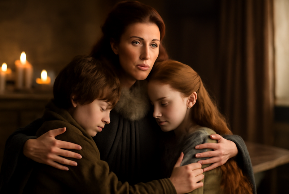 Catelyn Stark (Michelle Fairley) holding her children close in a warmly lit room, showing fierce love and protection. The scene captures a moment of familial bonding, symbolizing loyalty and devotion, with a soft candlelight glow in the background." 