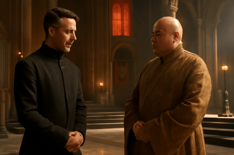 Littlefinger and Varys from Game of Thrones engaged in a tense conversation in the grand hall of the Red Keep. Littlefinger stands confidently in dark attire, while Varys listens intently in his signature robe. The dramatic lighting and Gothic architecture highlight the intellectual battle between these two characters, with the Iron Throne looming in the background."