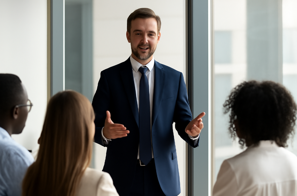 A confident leader in a blue suit addressing his team in a modern office setting. The team members, consisting of diverse professionals, are seated and listening attentively, symbolizing trust and open communication. The large windows in the background reveal a dynamic cityscape, reflecting the contemporary and transparent leadership environment.