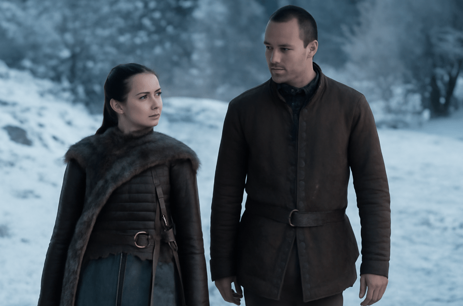Arya Stark and Gendry walking side by side through the snowy fields of Winterfell. Both characters appear relaxed and comfortable, with their body language showing mutual trust. The peaceful winter landscape contrasts with the struggles they have faced, symbolizing their strong, unspoken bond.