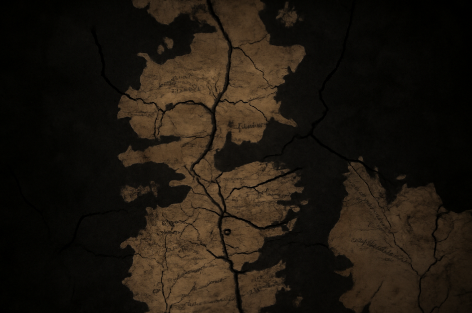 Cracked, weathered map of Westeros from Game of Thrones, with dark, moody tones and visible fractures symbolizing the ripple effect of Tyrion Lannister’s speech. The map shows divided regions and shifting political alliances in the Seven Kingdoms.