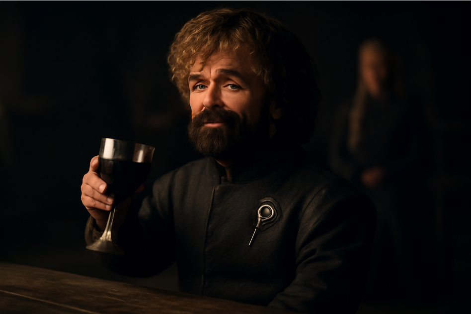 Tyrion Lannister holding a goblet of wine with a confident and amused expression, sitting at a table in a dimly lit room. Daenerys Targaryen is blurred in the background, adding atmosphere to the scene from Game of Thrones.