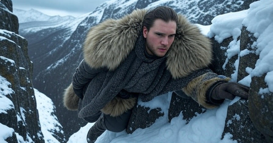 A dramatic scene of a narrow, icy mountain path in the Vale of Arryn, featuring a traveler clinging to the edge during a snowstorm, with jagged rocks and a sheer drop below, showcasing a dangerous, high-fantasy environment inspired by Game of Thrones, 