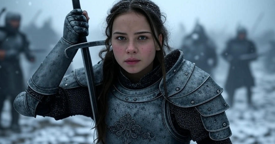 A young woman in armor, standing over a wounded man with a drawn sword, her expression cold and determined as he grimaces in pain and begs for mercy, set against a desolate, rocky background in a dramatic. 