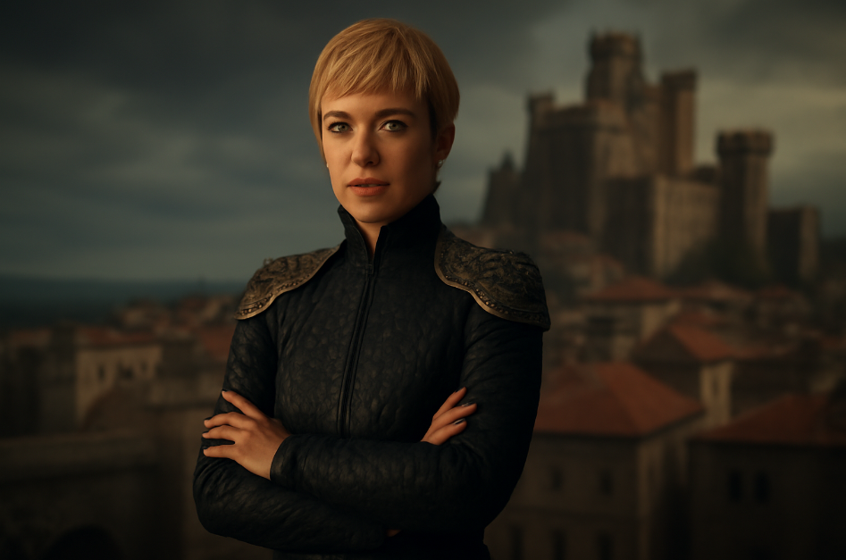 Cersei Lannister (Lena Headey) standing confidently with arms crossed in front of a medieval cityscape, exuding power and strategic control, wearing a dark, detailed outfit.