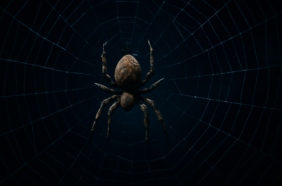 Close-up of a large orb-weaver spider at the center of its intricate web, symbolizing influence and manipulation in a dark, strategic setting.
