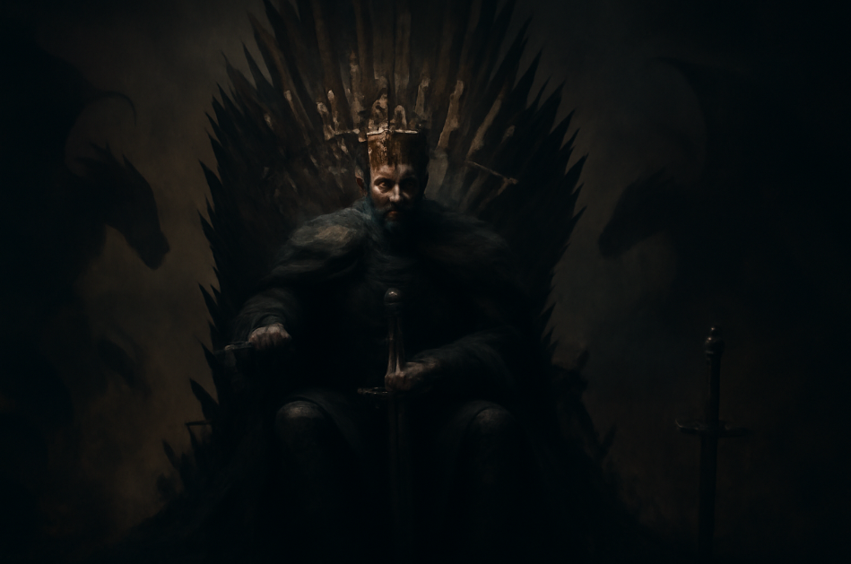 Jaime Lannister from Game of Thrones in a heroic battle stance, sword drawn, standing amidst a chaotic battlefield with a determined expression.