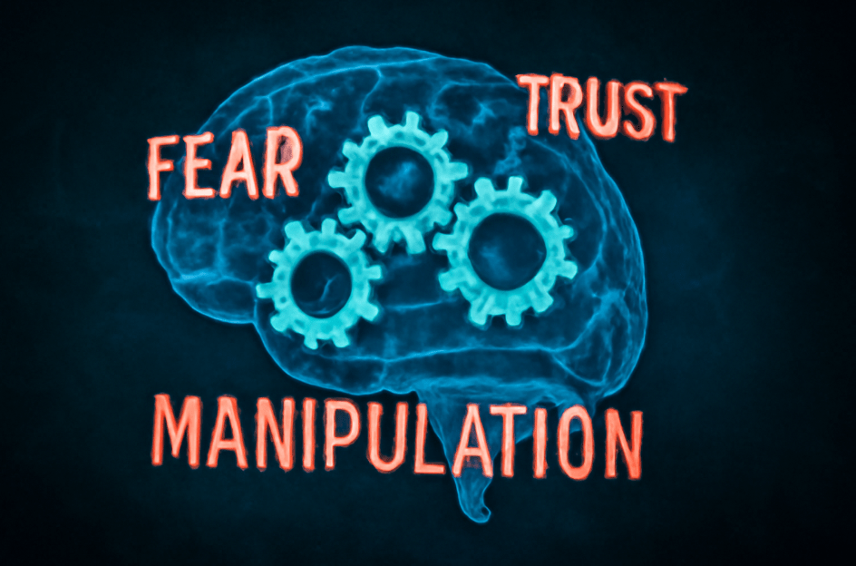 Illustration of a glowing brain with turning gears, symbolizing psychological manipulation, with the words 'Fear', 'Trust', and 'Manipulation' highlighted in red.