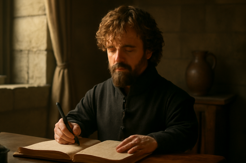 Tyrion Lannister deeply focused while writing in a rustic medieval room, illuminated by soft natural light from a window, creating a serene and contemplative atmosphere.
