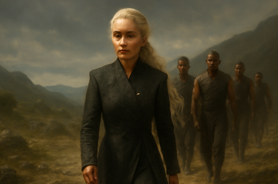 Daenerys Targaryen standing confidently in front of the Iron Throne in Game of Thrones. Her platinum hair is braided, and she wears a dark, textured cloak. The soft, golden light highlights her determined expression, symbolizing her strength and resilience as a leader. The dramatic, dark background emphasizes the imposing presence of the throne behind her.