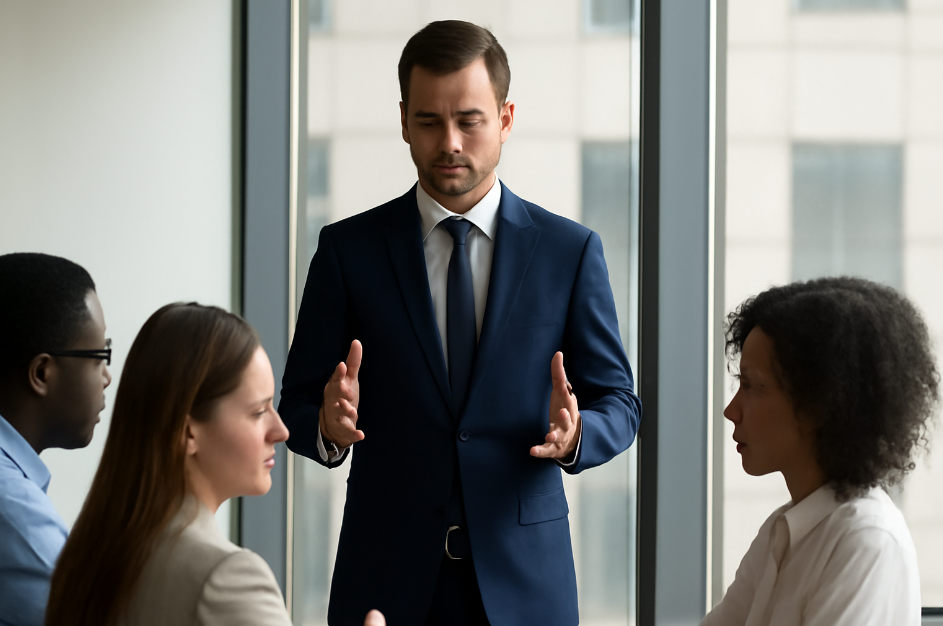 A confident leader in a blue suit delivering a speech to his diverse team in a modern office setting. The team, consisting of an African American man, a Caucasian woman, and an African American woman, listens attentively, showcasing support and focus. The office features large windows with a city backdrop, creating a positive and professional atmosphere.
