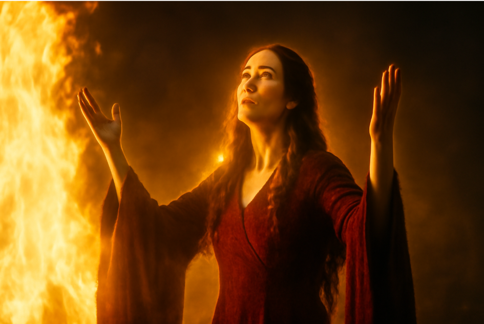 Melisandre, the Red Priestess, standing in front of a powerful fire, her hands raised in a gesture of faith and power. A golden light surrounds her, symbolizing her belief in the Lord of Light, with fiery flames casting light and shadows over her face.