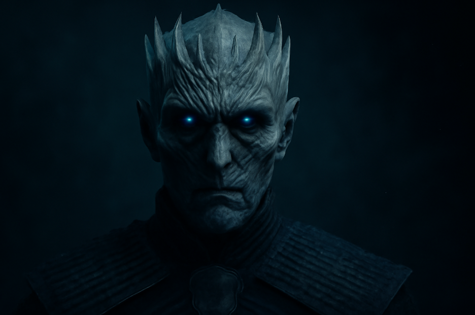 Close-up portrait of the Night King from Game of Thrones, with glowing blue eyes, icy features, and a dark, cold atmosphere in the background, highlighting his silent and menacing presence.