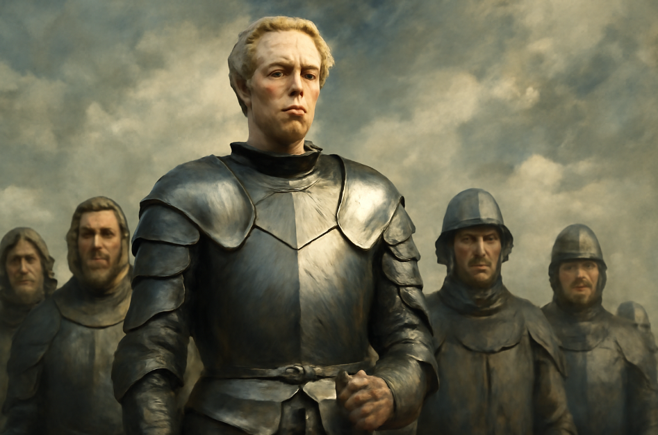 Brienne of Tarth standing proudly at the forefront of a group of loyal soldiers, her shining armor reflecting leadership and integrity. Behind her, the soldiers stand with confidence and respect, set against a cloudy sky that emphasizes her strength and unwavering resolve as a leader.
