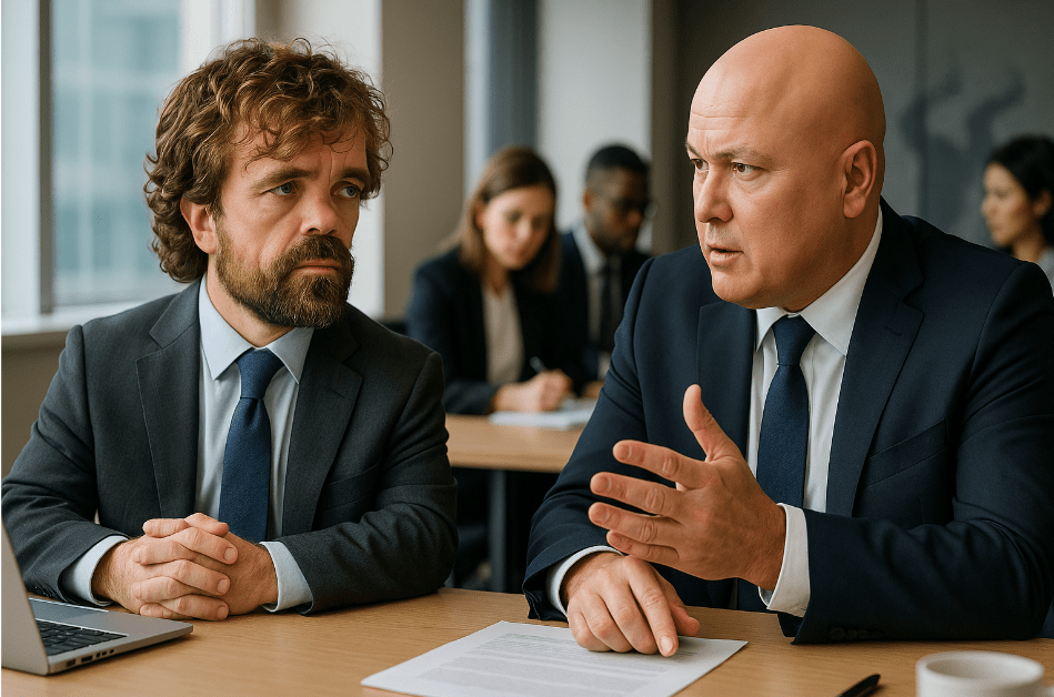 Two business professionals in a modern boardroom, one symbolizing Tyrion Lannister’s empathetic leadership, the other reflecting Varys’s strategic influence, engaged in a serious discussion with a team in the background. 
