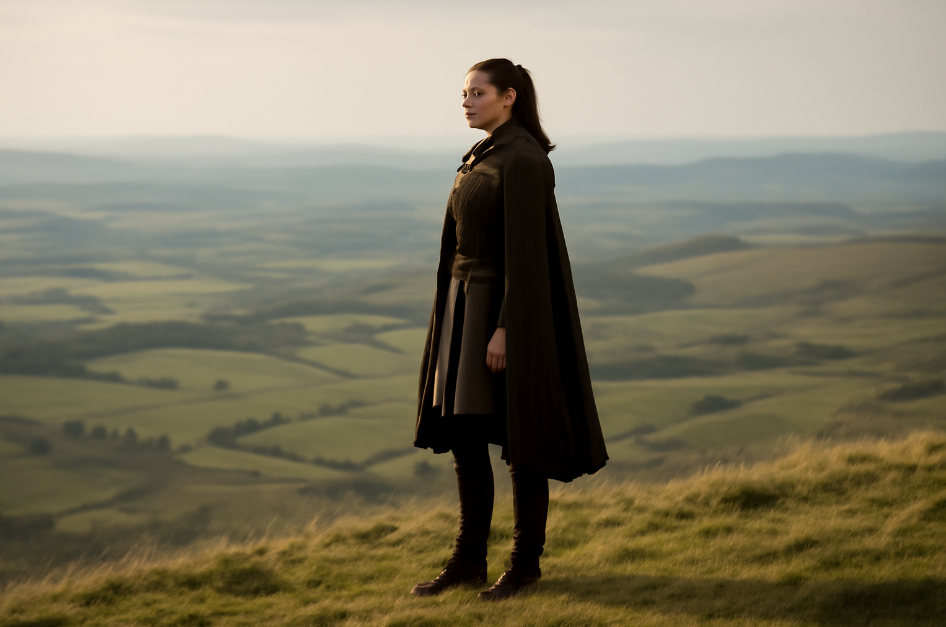 Arya Stark standing alone on a hilltop, gazing thoughtfully into a vast, open landscape. Her posture is confident and reflective, symbolizing her growth and maturity after her journey with The Hound, with soft lighting and a serene, expansive backdrop."
