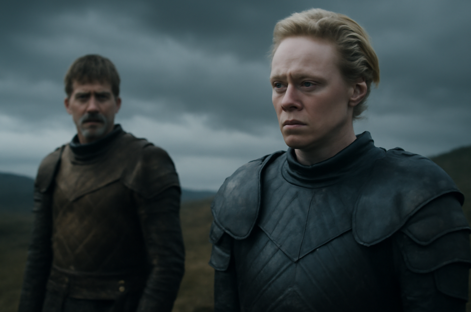 Jaime Lannister and Brienne of Tarth standing apart in a dramatic outdoor setting under a cloudy sky. Brienne is in the foreground, looking resolute and emotionally complex, while Jaime appears in the background, lost in thought. The somber, muted colors and dramatic light reflect the emotional depth of their final farewell. 