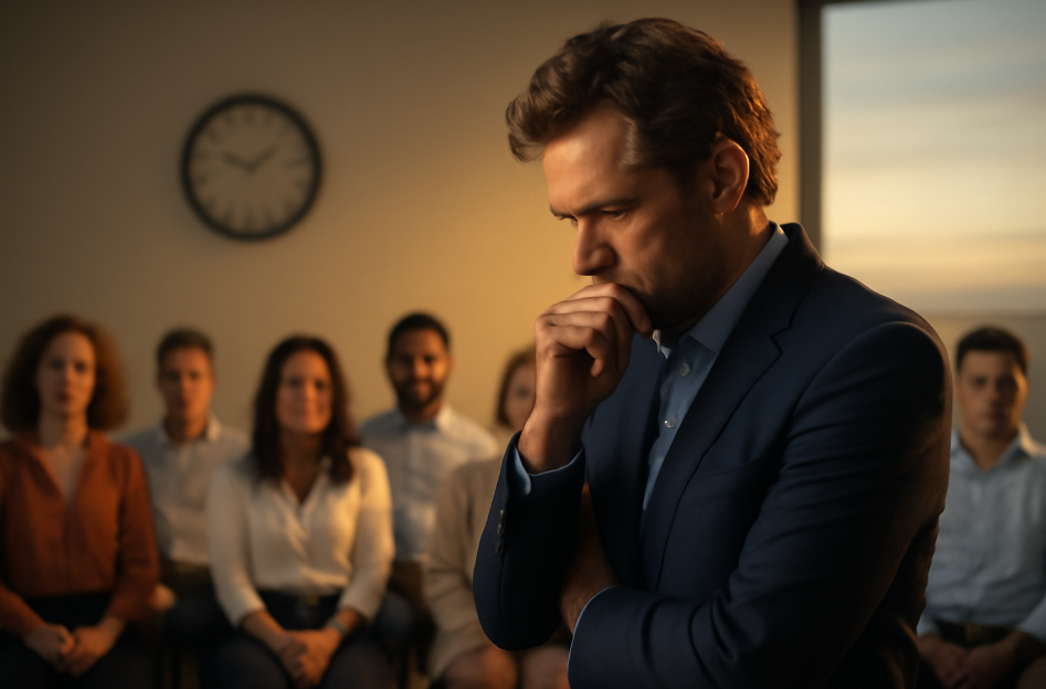 Leader standing pensively in front of a diverse team, reflecting on decisions, with a clock in the background symbolizing the long-term impact of leadership.
