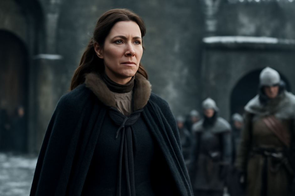 Catelyn Stark standing resolutely in a medieval, snow-covered courtyard, her determined expression reflecting her strength. Dressed in a dark cloak with a fur collar, she faces a difficult decision, with soldiers in the background, symbolizing her sacrifice for justice." 