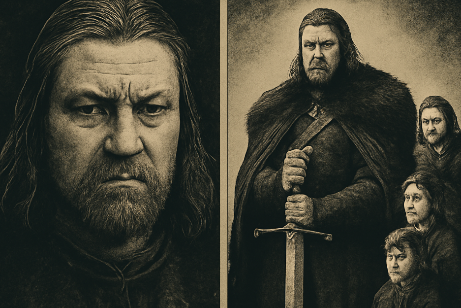 Black-and-white diptych illustration of Ned Stark from Game of Thrones. On the left, a close-up of his solemn face showing internal conflict, and on the right, he stands protectively in front of his family, sword in hand, displaying his determination and commitment to protect them.