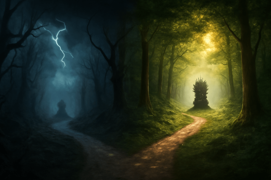 A metaphorical image showing two diverging paths in a forest, symbolizing the contrasting strategies of Littlefinger and Varys in Game of Thrones. On one side, a dark, chaotic path with lightning represents Littlefinger’s use of chaos for power, while the serene, sunlit path on the other side reflects Varys’s calm, information-driven influence. Both paths lead toward the Iron Throne in the distance.