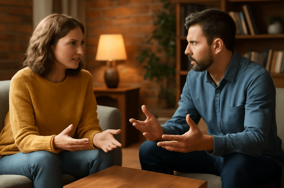 A man and woman sitting across from each other in a cozy living room, engaged in an open and honest conversation. The warm and intimate atmosphere highlights themes of vulnerability, loyalty, and communication."