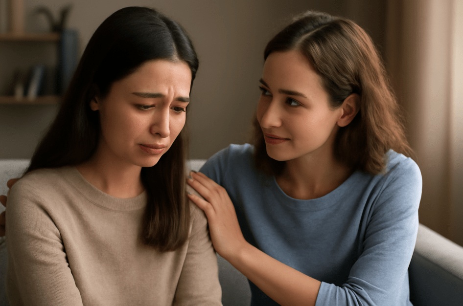 Two young women sitting together on a light gray couch, engaged in a heartfelt conversation. One woman comforts the other with a gentle touch on the shoulder, both displaying empathetic and understanding expressions. The warm, soft lighting and cozy background emphasize their deep emotional connection and support for each other.