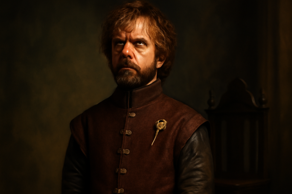 Tyrion Lannister in a regal portrait from Game of Thrones, wearing a rich burgundy medieval doublet with gold accents. His serious expression and poised demeanor are highlighted by warm, soft lighting, with a dim, earthy background that reflects his rise to power and wisdom as an advisor.