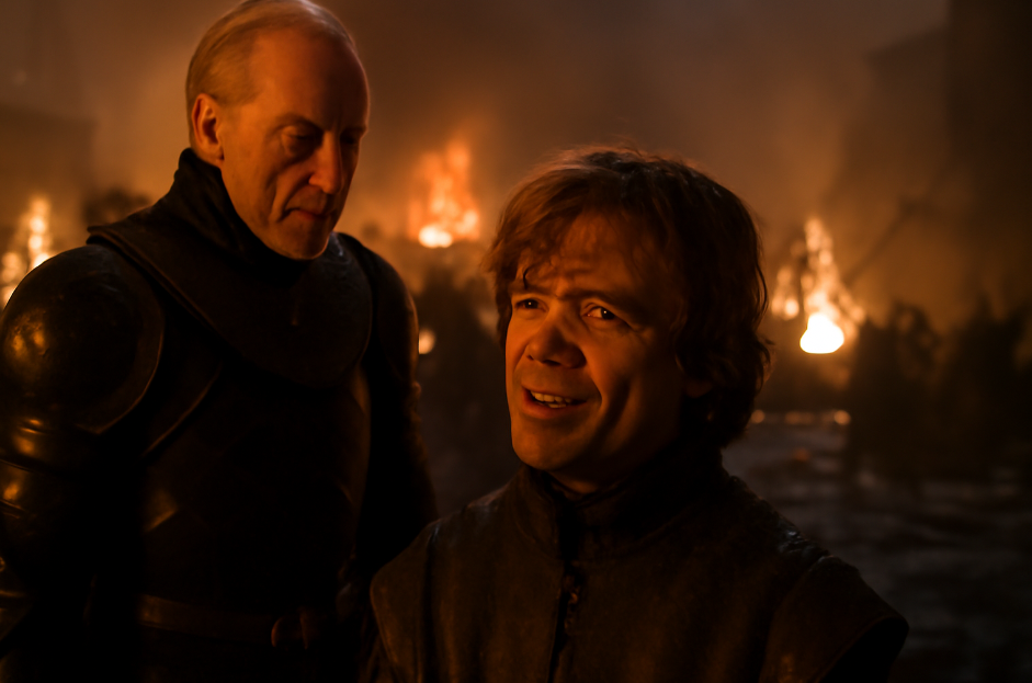 ."Tyrion Lannister and Tywin Lannister standing amidst the chaos of the Battle of Blackwater, with Tyrion delivering a sarcastic expression while Tywin looks stern. The background features fire and destruction.