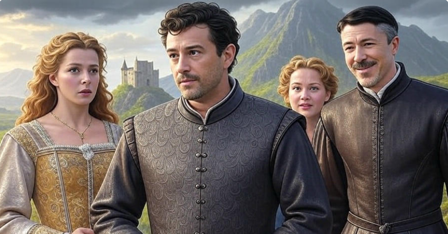 Character collage of Jon Arryn, Lysa Arryn, Robin Arryn, and Petyr Baelish (Littlefinger) in a Game of Thrones-style painting, featuring their signature expressions and costumes, set against the Eyrie with ominous mountain skies, 16:9 aspect ratio.