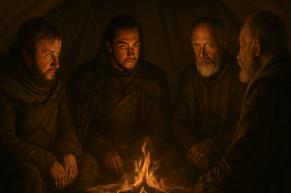 Jon Snow and his allies Samwell Tarly, Davos Seaworth, and a companion gathered around a campfire, sharing a moment of trust and loyalty.