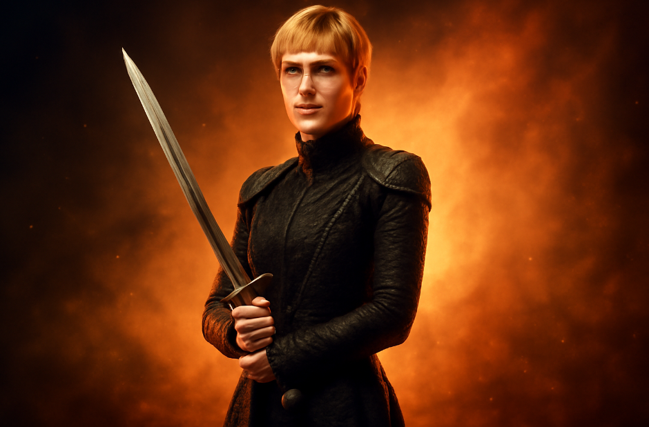 Cersei Lannister (Lena Headey) standing confidently with a sword in hand against a dramatic, fiery background, symbolizing her unyielding ambition and leadership.
