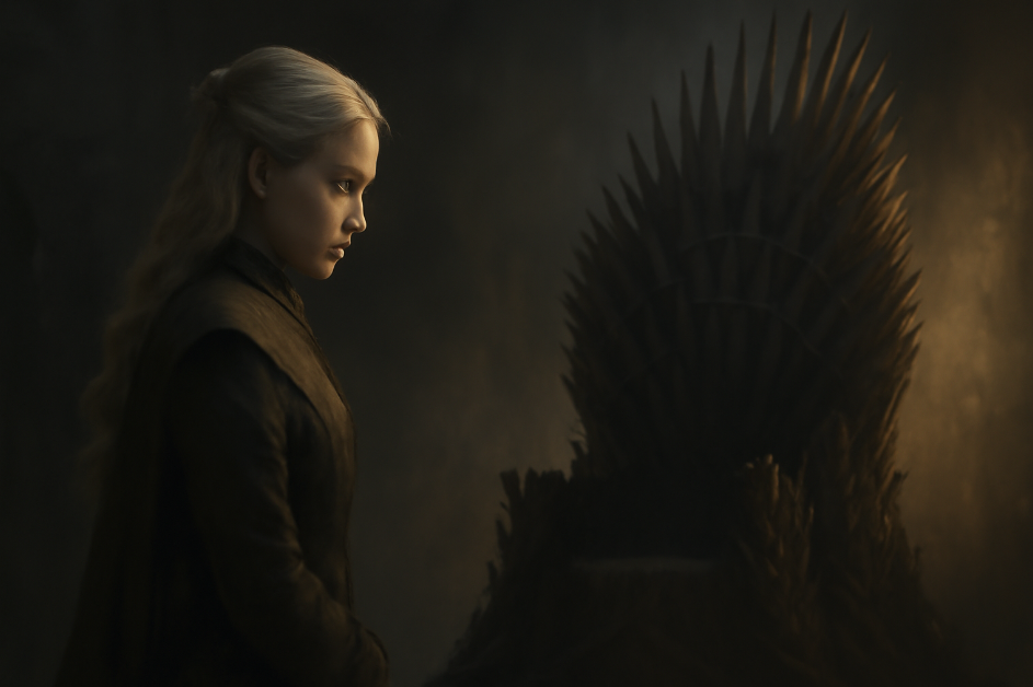 Digital painting of Daenerys Targaryen from Game of Thrones, standing contemplatively in front of the Iron Throne. Bathed in golden light, she gazes thoughtfully, symbolizing the complexity of leadership and power in Westeros.