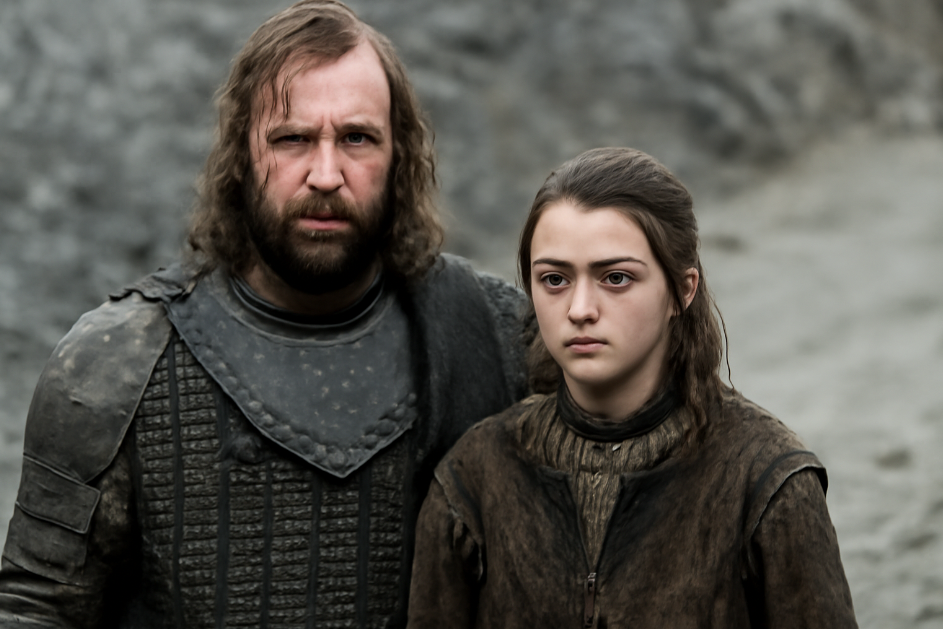 Sandor Clegane (The Hound) and Arya Stark standing together in a tense, protective moment, both showing determination in a desolate landscape from Game of Thrones.