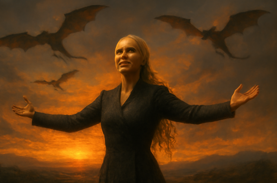 Daenerys Targaryen leading her loyal Unsullied warriors through a rugged, overcast landscape. With a purposeful expression, she walks confidently in the foreground, dressed in a textured gray robe with a silver dragon brooch. Behind her, her warriors follow closely, reflecting her strong leadership as they face the challenges of the uncertain terrain.