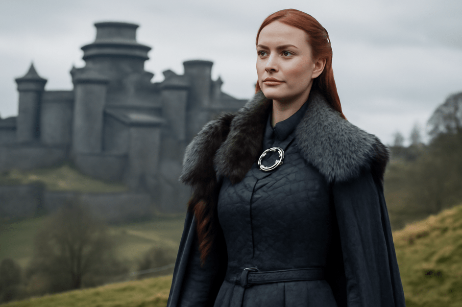 A woman with auburn hair wearing a regal medieval outfit, standing confidently in front of Winterfell, symbolizing Sansa Stark's strength, leadership, and role as Queen in the North.

