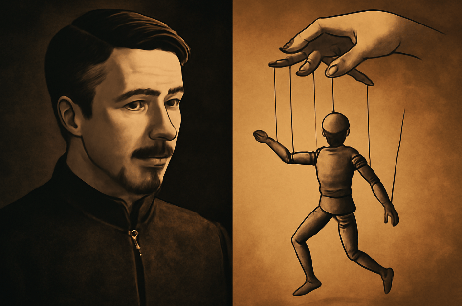 Split image featuring Littlefinger from Game of Thrones on one side, and a puppet controlled by a hand on the other, symbolizing control and manipulation with contrasting dark and light tones.