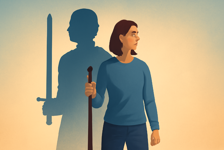 .An everyday hero in modern attire standing strong with a wooden staff, embodying strength, honor, and resilience. Brienne of Tarth's silhouette looms in the background, symbolizing the internalization of her warrior spirit. The soft gradient background represents the merging of past and present values of bravery and leadership.
