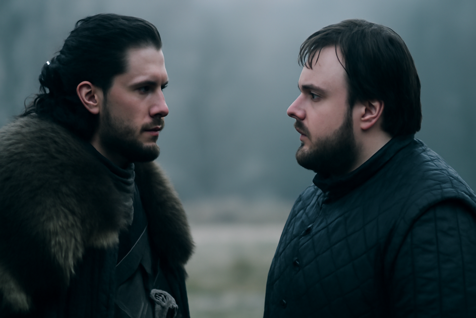 Jon Snow and Samwell Tarly sharing a heartfelt farewell in a quiet, emotional scene. Their faces reflect mutual respect and understanding, set against a desolate, foggy backdrop, marking the end of their journey together in Game of Thrones. 