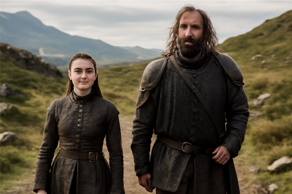 Arya Stark and The Hound walking side by side through a rugged landscape, both appearing changed. Arya is stronger, while The Hound's grim exterior is softened by a sense of respect. The scene evokes mutual understanding, with the expansive backdrop of hills and mountains reflecting their journey together.
