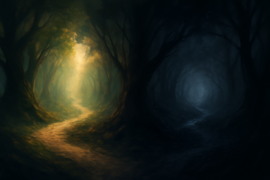 An abstract representation of two diverging paths in a mystical forest, symbolizing the emotional journey of Jaime and Brienne. One path is bright and hopeful, while the other is dark and complex, yet both paths remain connected by an ethereal light in the distance, reflecting their lasting bond. 