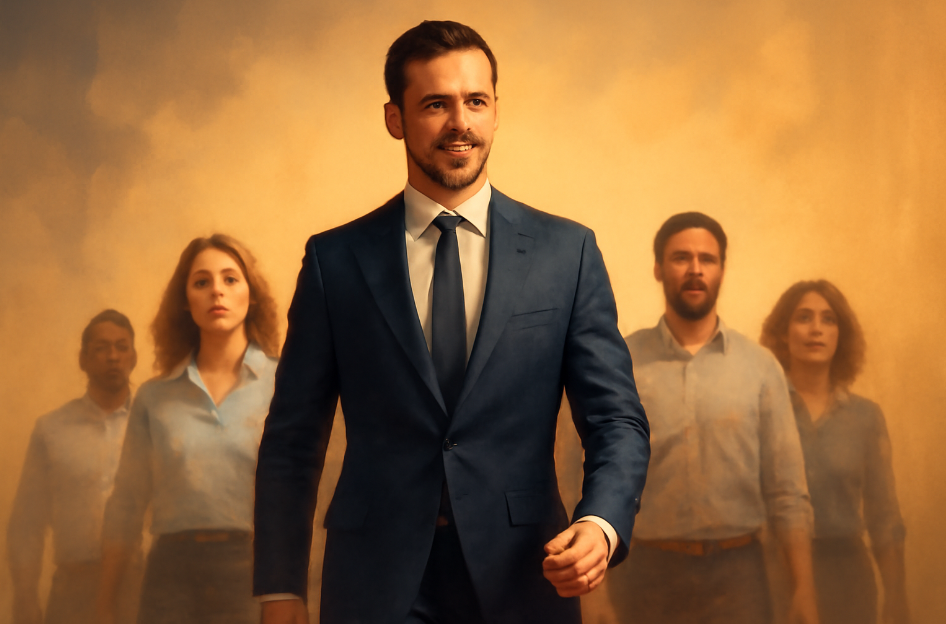 Confident leader walking in front of their diverse team, symbolizing leadership by example, trust, unity, and a strong sense of duty and responsibility.
