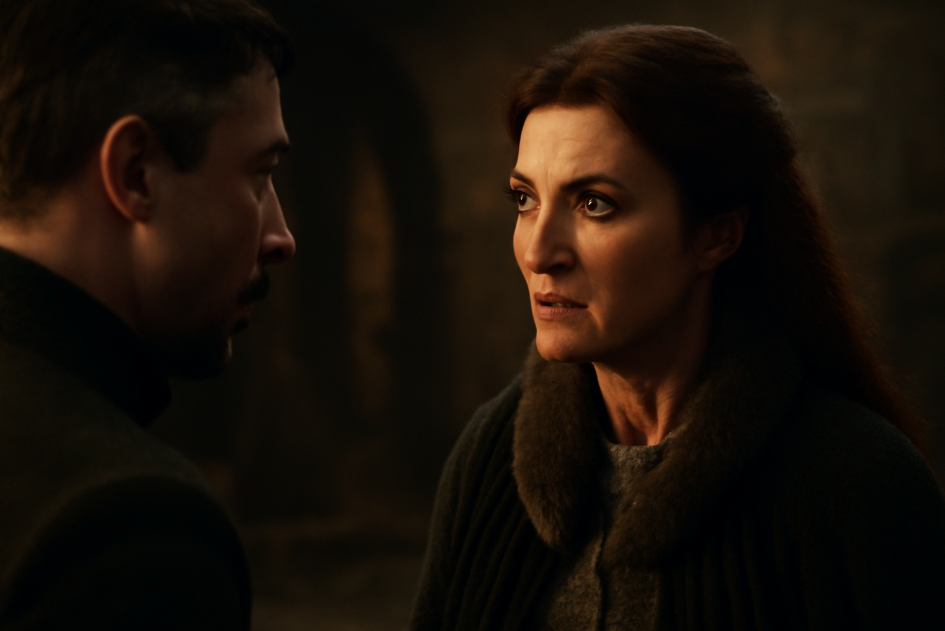 Catelyn Stark confronting Petyr 'Littlefinger' Baelish in a tense, dark setting, with expressions filled with betrayal and determination. The medieval backdrop adds to the emotional intensity of this moment of trust being tested." 