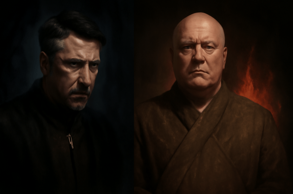 Littlefinger and Varys from Game of Thrones, symbolizing their downfall. On the left, Littlefinger's intense expression is surrounded by shadows, representing his tragic end. On the right, Varys faces his execution with a calm expression, illuminated by a fiery glow in the background, reflecting the consequences of their actions in the battle for the Iron Throne." 