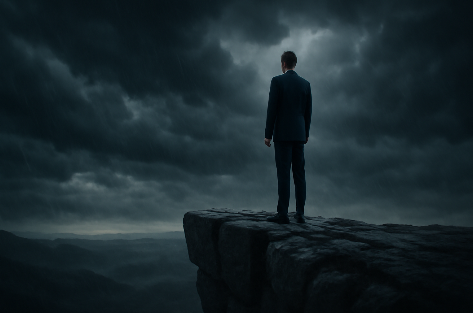 A business leader in a sharp navy suit stands at the edge of a cliff, gazing out over a stormy, rain-soaked landscape. The dark, turbulent skies and rugged terrain symbolize the challenges of leadership, while the leader’s poised stance represents strength and resilience in overcoming obstacles