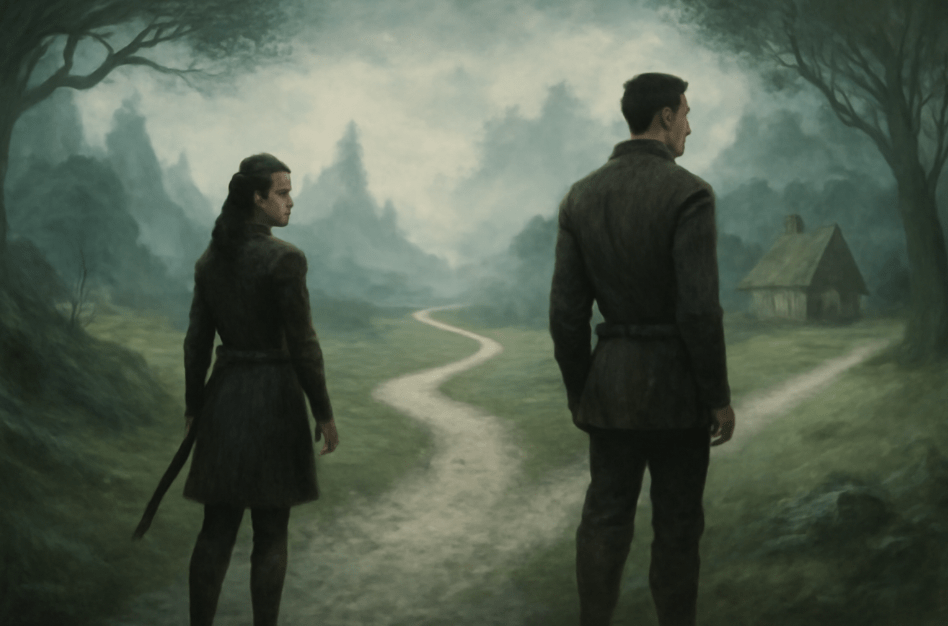 Arya Stark and Gendry standing at a misty crossroads in a mystical landscape, facing separate paths. Arya looks towards a rugged, adventurous journey through mountains, while Gendry gazes toward a peaceful, settled future with a cottage. The scene evokes a sense of possibility and contrasting futures, surrounded by ethereal mist and soft light.