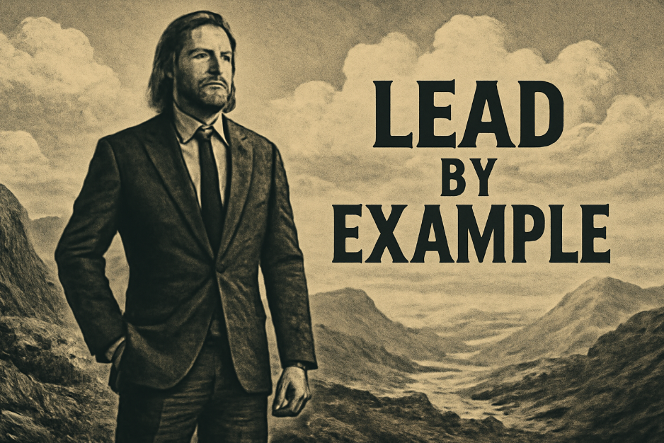Vintage-style digital illustration of a confident leader standing tall in a rugged landscape, with the motivational quote 'LEAD BY EXAMPLE' boldly displayed beside him. The scene conveys leadership, strength, and determination in a beautiful yet challenging environment.