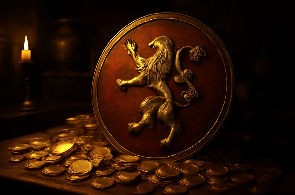 Lannister family crest with a lion emblem, surrounded by scattered gold coins, set in a dimly lit room filled with wealth and power symbols, evoking the Lannisters' philosophy of repaying debts and maintaining dominance.