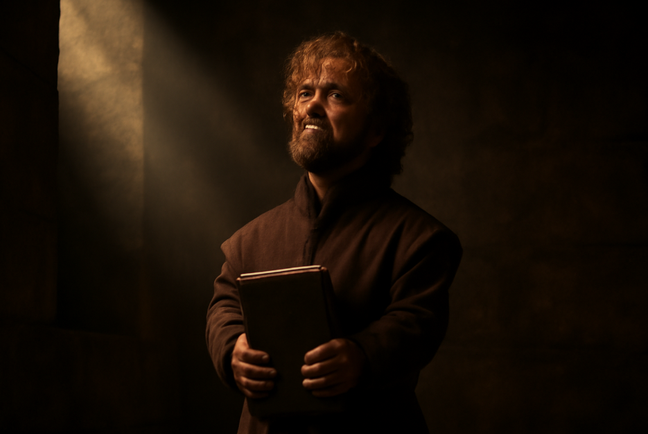 Tyrion Lannister from Game of Thrones, standing in a dimly lit chamber holding a book, bathed in a beam of light. His intense expression and rugged appearance reflect his wisdom, defiance, and rise to power, with the warm lighting highlighting his transformation into a key political figure.